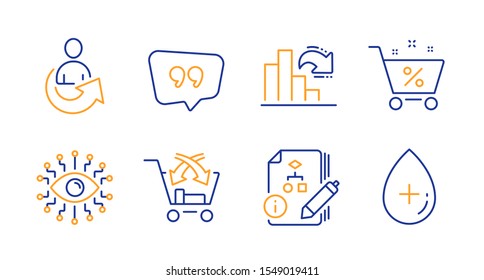 Quote bubble, Share and Artificial intelligence line icons set. Loan percent, Decreasing graph and Cross sell signs. Algorithm, Oil serum symbols. Chat comment, Referral person. Vector