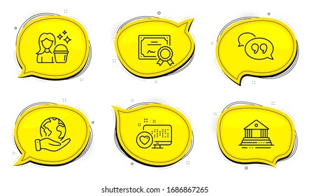 Quote bubble sign. Diploma certificate, save planet chat bubbles. Cleaning, Heart and Court building line icons set. Maid service, Social media, Government house. Chat comment. Business set. Vector