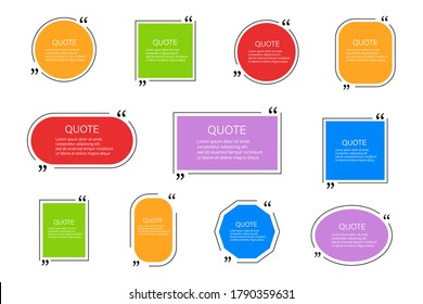 Quote bubbles set. Frame box for a quote. Place for your text. Label with a phrace or saying. Different shape and color. Vector design elements.
