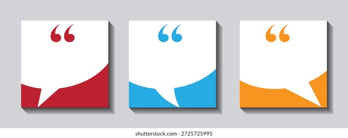 Citar modelos de cartão com formas de balão de fala isoladas no plano de fundo branco. Desenhos de aspas coloridas para realçar texto e mensagens. Modernas mídias sociais publicam elementos para marcas, blogs e web design.