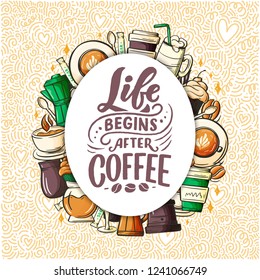 Quote coffee cup typography.Quote coffee cup typography. Calligraphy style quote. Shop promotion motivation. Graphic design lifestyle lettering. Sketch hot drink mug inspiration vector. Coffee break
