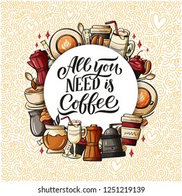 Quote coffee cup typography.Quote coffee cup typography. Calligraphy style quote. Shop promotion motivation. Graphic design lifestyle lettering. Sketch hot drink mug inspiration vector. Coffee break