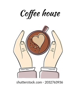 Quote coffee cups typography vector illustration. Store promotion motivation. Hands holding a mug of coffee