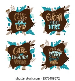 Quote coffee lettering set. Cafe lettering for menu, card, banners. Hand drawn calligraphy. Graphic design vector illustration.
