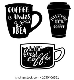 Quote coffee typography set. Calligraphy style Coffee shop promotion motivation. Graphic design lifestyle lettering. Vector isolated typography design.