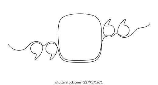 Cita línea continua en burbuja de voz cuadrada con comas, comillas en charla, dibujo único. Marca de cotización, estilo dibujado a mano con una línea de mano a mano a mano. Ilustración del vector