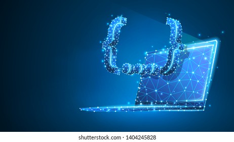 Quote Curly Bracket symbol on laptop screen. People social network communication concept. Abstract, digital, wireframe, low poly mesh, vector blue neon 3d illustration. Triangle, line, dot