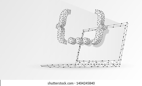 Quote Curly Bracket symbol on laptop screen. People social network communication concept. Abstract, digital, wireframe, low poly mesh, vector white origami 3d illustration. Triangle, line, dot