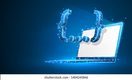 Quote Curly Bracket symbol on white laptop screen. People social network communication concept. Abstract, digital, wireframe, low poly mesh, vector blue neon 3d illustration. Triangle, line, dot