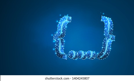 Quote Curly Bracket symbol. People social network communication concept. Abstract, digital, wireframe, low poly mesh, vector polygonal blue neon 3d illustration. Triangle, line, dot, star