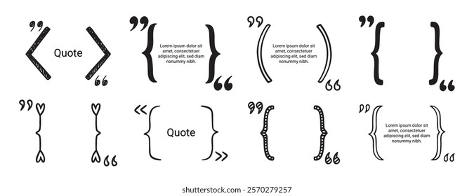 quote doodle hand drawn text box for design, website, banner. brackets and quotation marks set element quotation bubble empty template for quote. Vector illustration