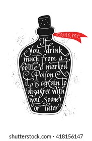 Quote 'Drink me' Hand drawn calligraphy and lettering on a bottle illustration.