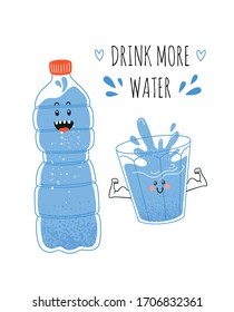 Quote Drink more water print, drinking water in a bottle. Vector card or poster with water fasting illustration concept in hand drawn style, correct daily habits, morning rituals.