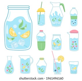 Quote drink more water print, drinking with glass bottle and glass. Mineral and natural water in clear bottles. Various flask on white background. Doodle hand drawn cute trendy vector illustration.