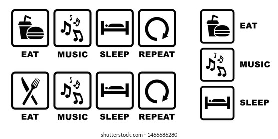 Quote Eat play sleep repeat sign or karaoke singer icons Games sleeps and eat Funny vector game symbol icon Happy weekend sports signs Set playing music, musical notes Slogan live party sound online