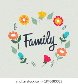 Quote Family and flower wreath. Beautiful greeting card, postcard or albom page.