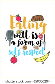 Quote food calligraphy style. Hand lettering design element. Inspirational quote: Eating well is a form of self respect.