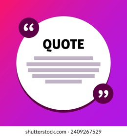 Quote form mockup icon. Flat, pink, round shape for quote template, round isolated quote mockup icon, pink background. Vector icon