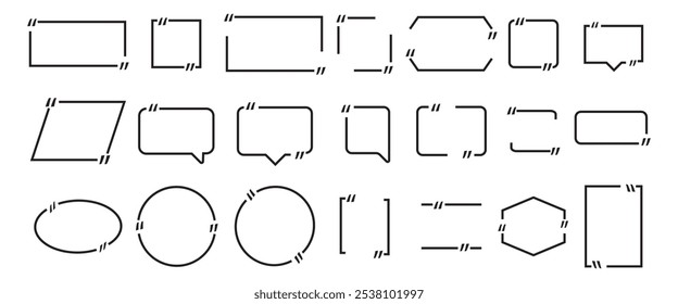 Grande conjunto de caixas de quadro de aspas para aspas de fala. Modelos de aspas de linha preta de mensagem de texto para definição e observação. Coleção retro ilustração vetor criativo isolado no fundo branco.