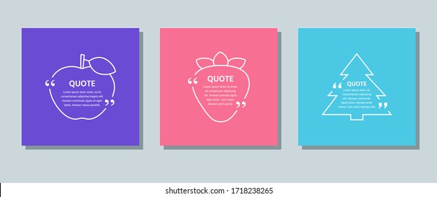 Quote frame box. Vector. Quotations text template. Set citations with white border on color background. Info comments, messages in textboxes. Simple creative concept. Modern design. Color illustration