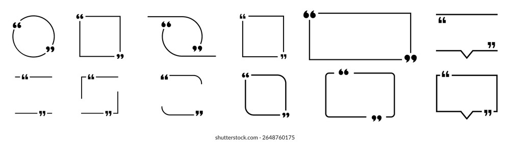 Quote frame icon collection with square, rounded, circle, and speech bubble styles. bubble, icons, vector.