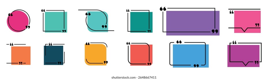 Quote frame icon set featuring circle, square, rounded, and speech bubble designs. Perfect for messages, testimonials, comments, and social media text highlights in modern layouts.