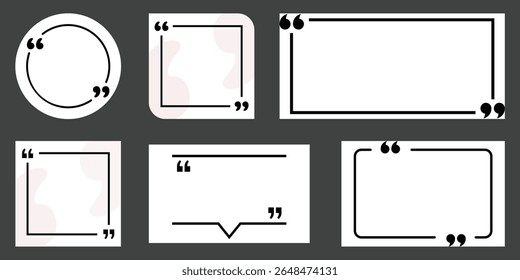 Quote frame icon set with speech bubbles, circle, square, and rectangle styles. Ideal for comments, messages, testimonials, and minimal UI designs.
