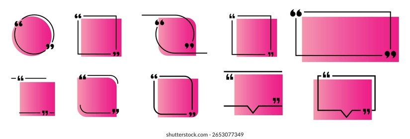 Quote frame icons with gradient overlays and speech marks in round, square, and dialog box shapes. Ideal for text highlights, social posts, UI elements, and digital design projects.
