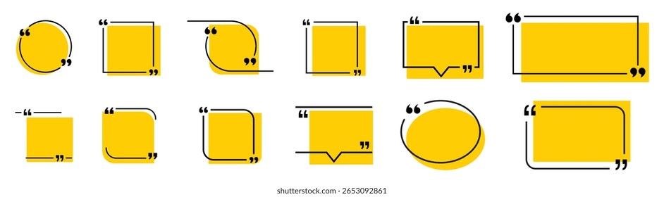 Quote frame icons with modern outline shapes and speech marks. Includes square, round, oval, and dialog box styles. Perfect for social media, banners, and digital design elements.