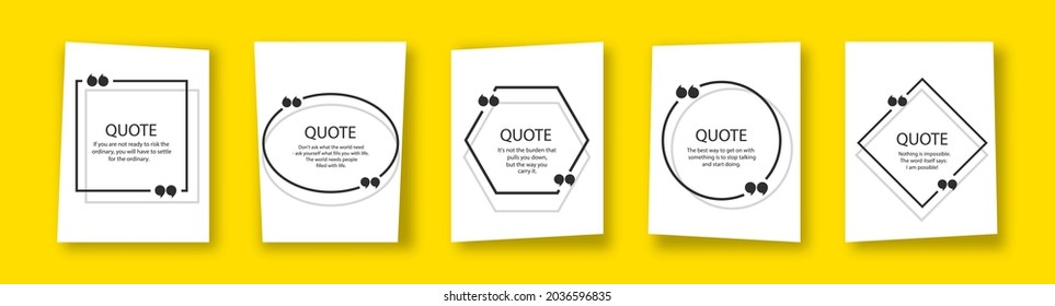 Quote in frame with quotation marks on yellow background. Bubble quote boxes with brackets. Banners for quotation. Isolated text box for comment and message. Vector illustration.