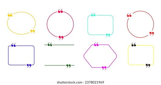 Quote in frame with quotation marks on colored background. Bubble quote boxes with brackets. Banners for quotation. Isolated text box for comment and message. Vector illustration.