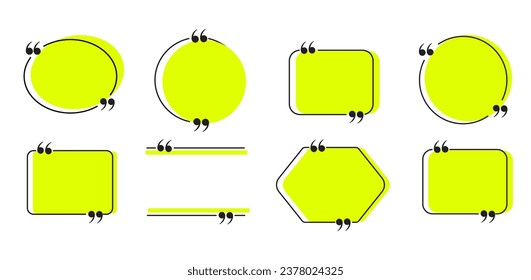 Quote in frame with quotation marks on colored background. Bubble quote boxes with brackets. Banners for quotation. Isolated text box for comment and message. Vector illustration.