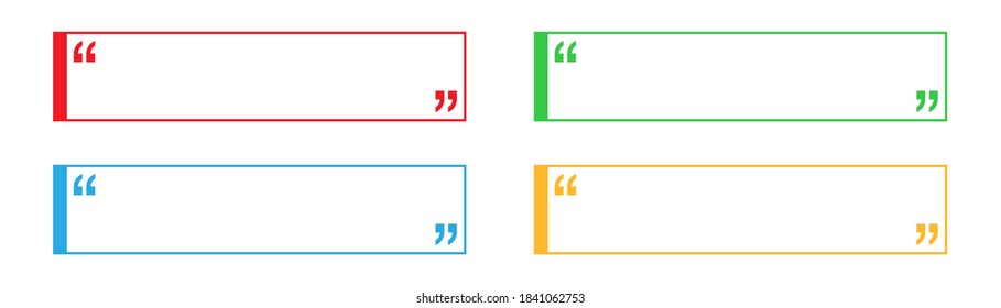 Quote frame in red, blue, yellow and green. Blank square text box on white background. Isolated speech form. Commas sign template. Comment illustration in rectangle shape. Vector EPS 10