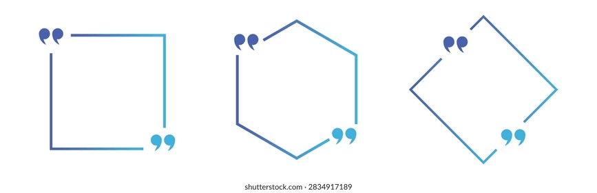 Quote frame set. Blue gradient quotation mark box hexagon diamond border design element. Testimonial review speech text banner background. Vector illustration.
