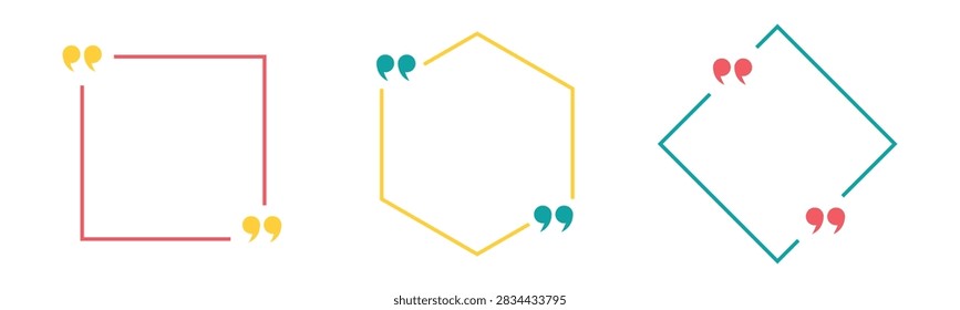 Quote frame set. Quotation mark box frame square hexagon diamond border design element. Testimonial review speech text banner background. Vector illustration.