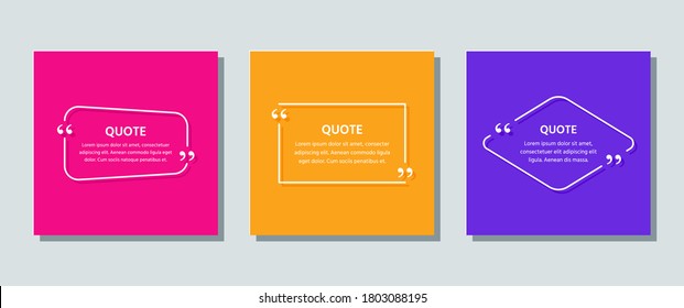 Quote frame template. Quotations text box. Vector. White info comments in textboxes on color background. Cards with phrases in brackets. Set of speech bubble messages. Colorful illustration.