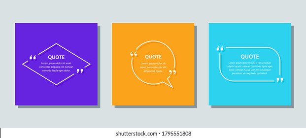 Quote frame templates. Quotations text box. Vector. White info comments and messages in textboxes on color card. Set of speech bubbles with rhombus, circle and rectangle. Colorful illustration.