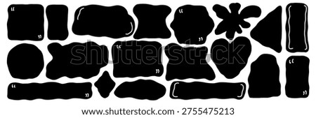 Quote frame various geometric shapes. Irregular organic square, rectangle area for text. Vector uneven heart, oval boxes for feedback. Rectangular, arch blank with quotation marks on white background.