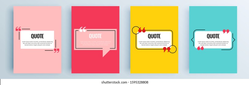 Quote frames blank templates set. Text in brackets, citation empty speech bubbles, quote bubbles. Textbox isolated on color background. Vector illustration.