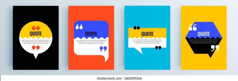 Quote frames blank templates set. Text in brackets, citation empty speech bubbles, quote bubbles. Textbox isolated on color background. Vector illustration.