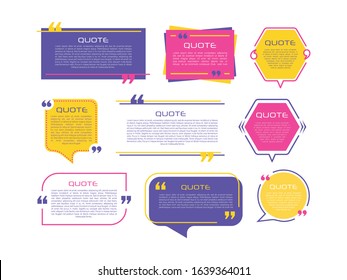 Quote frames blank templates set on white background. Remark. Bubble  comment, message borders, boxes, banners. Speech  balloon with quotation marks, think, speak, talk, commas, text box. Vector