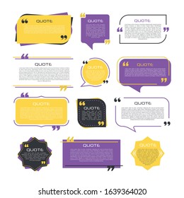 Quote frames blank templates set on white background. Remark. Bubble  comment, message borders, boxes, banners. Speech  balloon with quotation marks, think, speak, talk, commas, text box. Vector