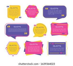 Quote frames blank templates set on white background. Remark. Bubble  comment, message borders, boxes, banners. Speech  balloon with quotation marks, think, speak, talk, commas, text box. Vector