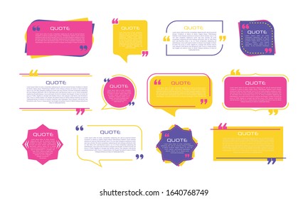 Quote frames blank templates set on white background. Remark. Bubble  comment, message borders, boxes, banners. Speech  balloon with quotation marks, think, speak, talk, commas, text box. Vector