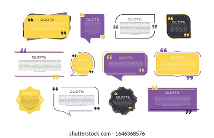 Quote frames blank templates set on white background. Remark. Bubble  comment, message borders, boxes, banners. Speech  balloon with quotation marks, think, speak, talk, commas, text box. Vector