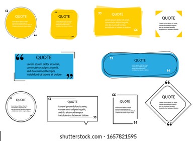 Quote frames blank templates set on white background. Remark. Bubble comment, message borders, boxes, banners. Speech balloon with quotation marks, think, speak, talk, commas, text box. Vector