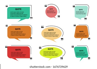 Quote frames blank templates set on white background. Remark. Bubble comment, message borders, boxes, banners. Speech balloon with quotation marks, think, speak, talk, commas, text box. Vector