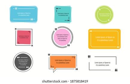 Quote frames blank templates set. Text in brackets, citation empty speech bubbles, quote bubbles. Text box isolated background. Vector illustration.