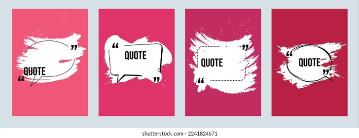 Quote frames blank templates set. Text in brackets, citation empty speech, quote bubbles. Textbox isolated on color background. Paint grunge for posters, flyers, highlights. Vector illustration.