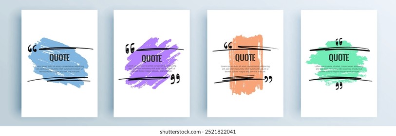 Quote frames blank templates set. Text in brackets, citation empty speech bubbles, quote bubbles. Textbox isolated on color background. Vector illustration.